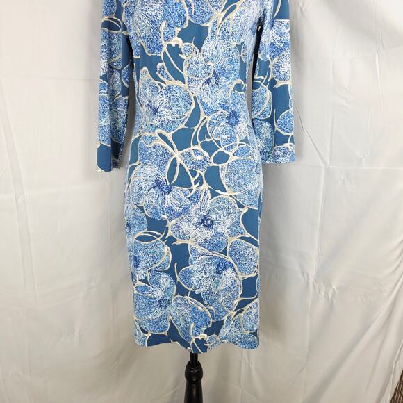 J.McLaughlin Dress Womens XS Blue Floral Sheath Stretch 3/4 Sleeve Knee Length - Picture 4 of 10